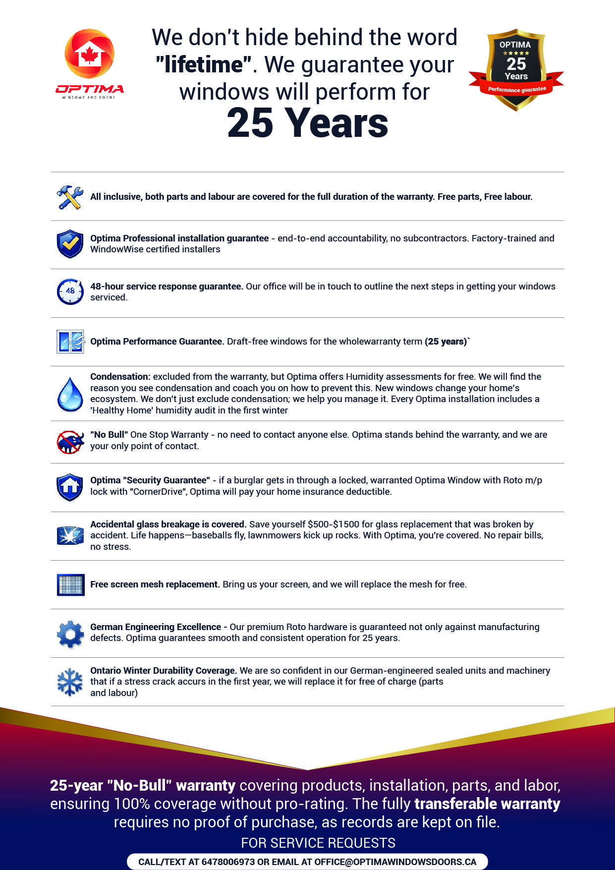 Optima Windows and Doors 25-Year Performance Guarantee brochure showing all 12 warranty points including free parts and labour, professional installation guarantee, 48-hour service response, draft-free performance, security guarantee, accidental glass breakage coverage, and German engineering excellence