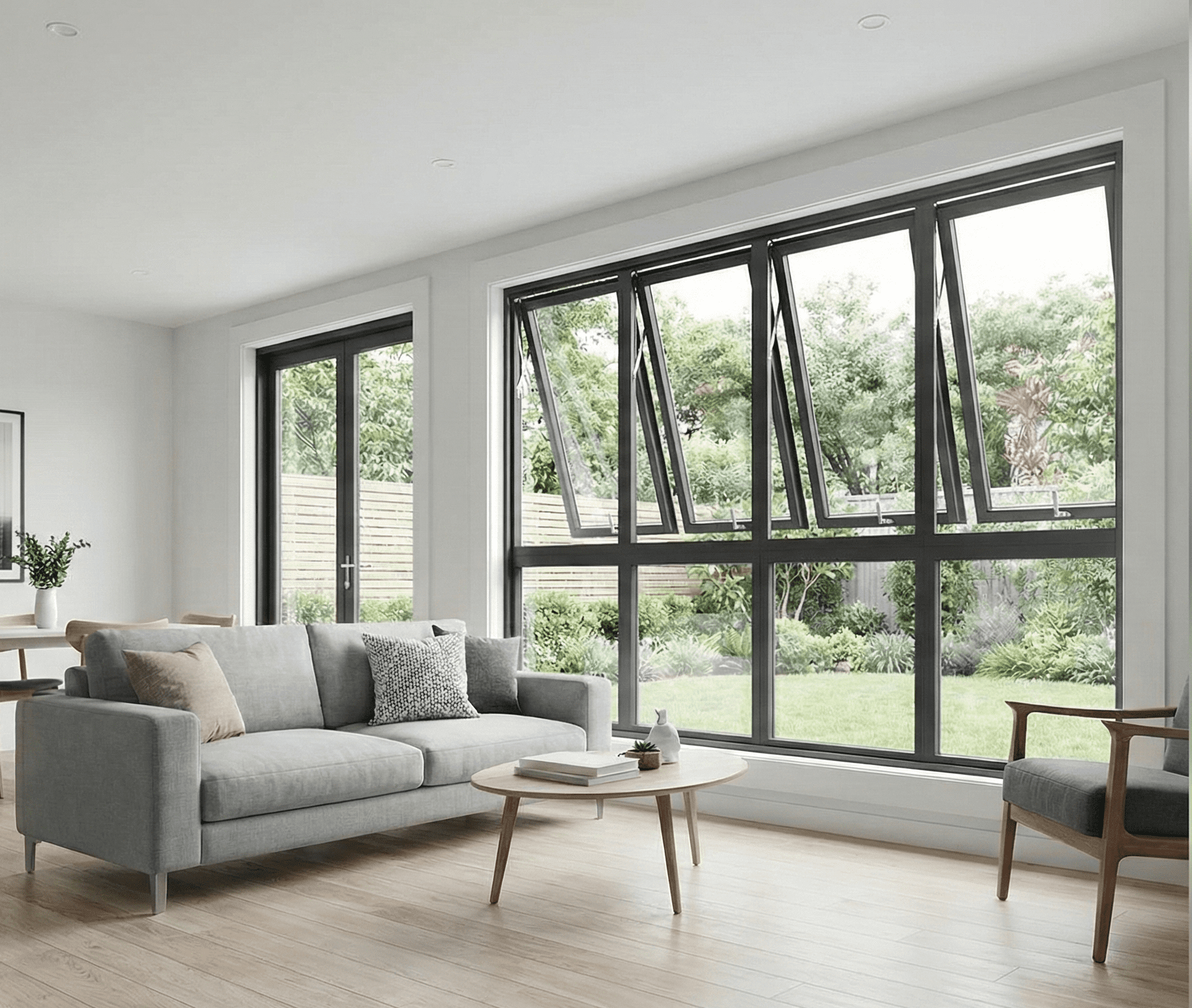 Illustrative room with dark framed top-hinged window sections above fixed glazing