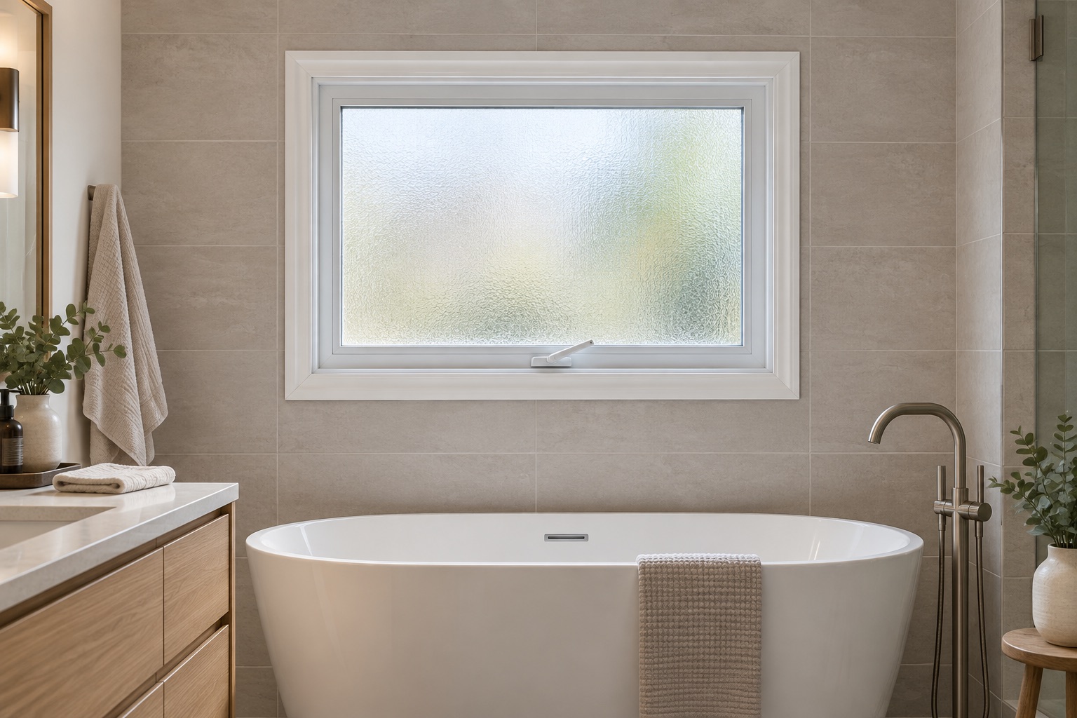 White framed bathroom window with obscure privacy glass above a bathtub
