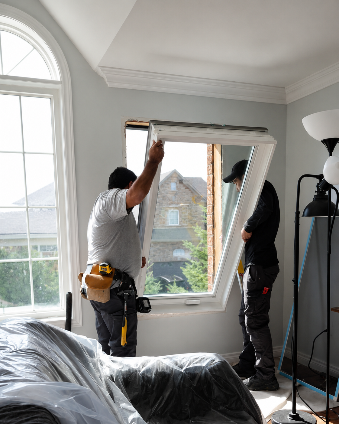 Two installers fitting a white-framed window inside a home